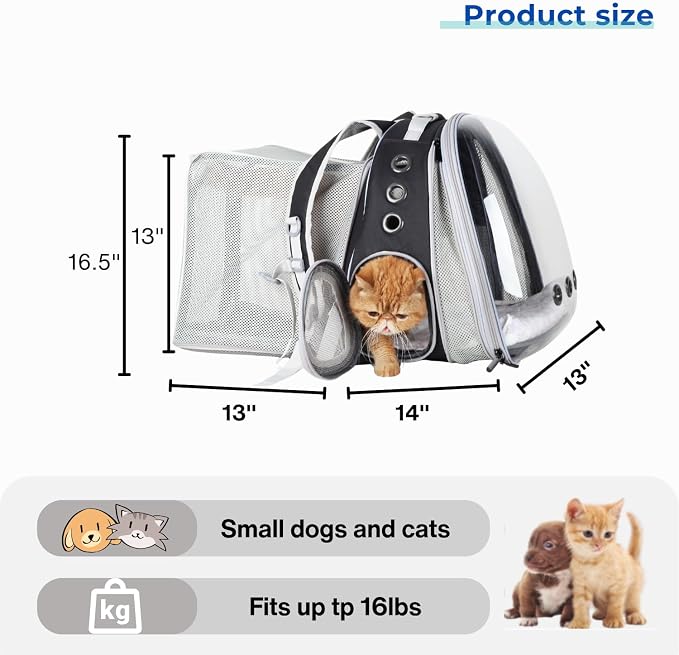 Lollimeow Expandable Cat Backpack Carrier for Large Cats & Small Dogs - Airline Approved Pet Bubble Backpack with Dual-Side Expansion, Perfect for Travel, Hiking & Outdoor Adventures, Up to 16lbs