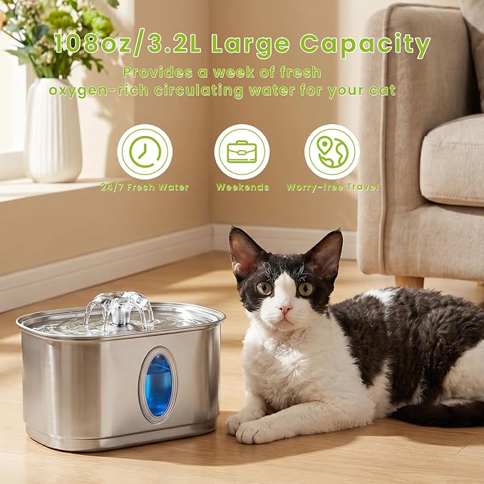 Cat Water Fountain Stainless Steel 108oz/3.2L, Automatic Pet Water Fountain with 3 Filters, Ultra Quiet Water Dispenser for Indoor Cats Dogs, Visible Level Window, Easy to Clean