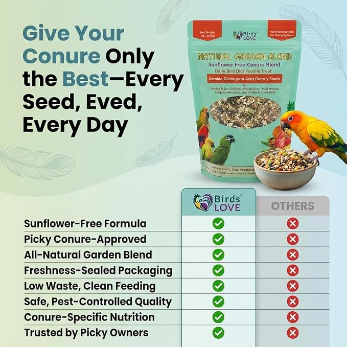 Birds LOVE Natural Garden Blend Conure Food, Sunflower Free Bird Seed Mix with Fruits, Nuts, Vegetables and Seeds, All Natural Daily Diet and Treat, 2 lb