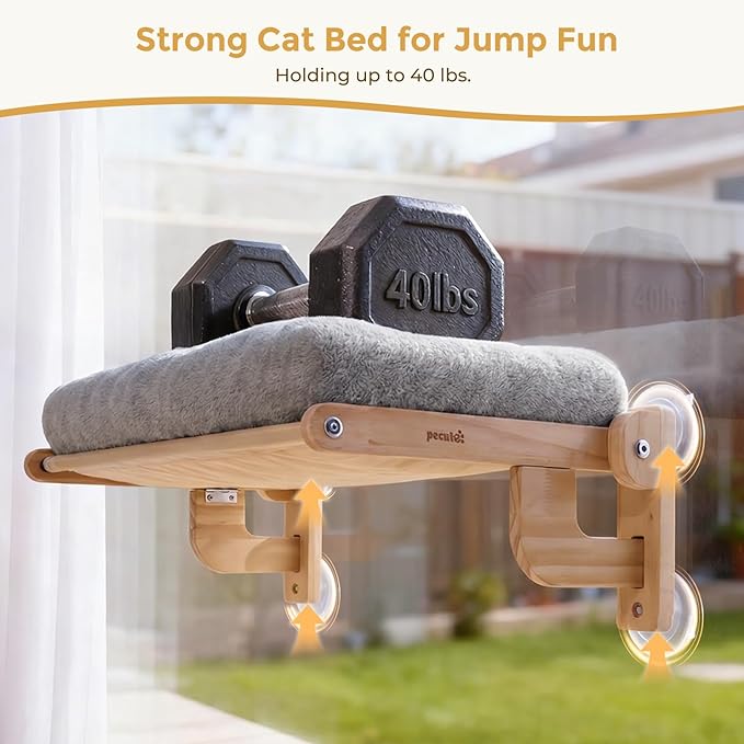 Pecute Cat Window Hammock Foldable, Space Saving Cat Window Bed with Soft Cushion, Sturdy Wood Frame Hanging Cats Lounge Seat, Collapsible Large Perch with Suction Cups for Indoor Cats(Grey, 26" L)