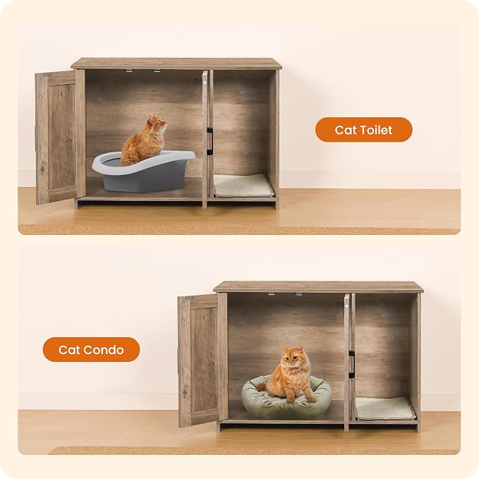 DWANTON Litter Box Enclosure, Cat Litter Box Furniture Hidden, with Scratching Mat, Wooden Cat Washroom Indoor, 31.5" L x 19.7" W x 21.7" H, Greige