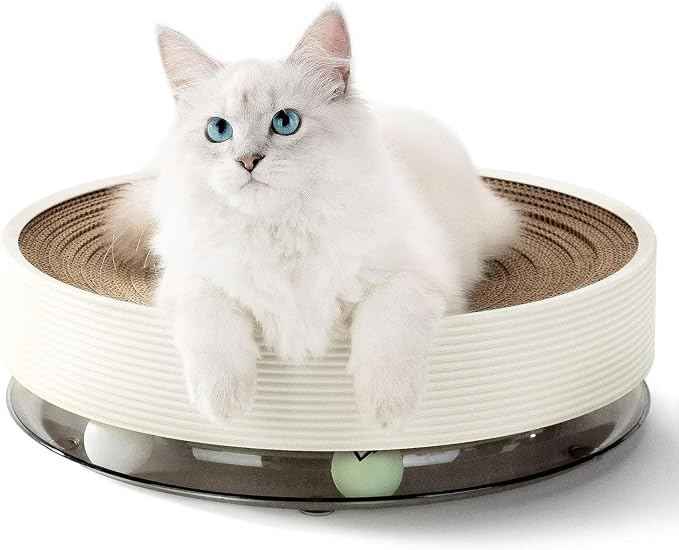 Cat Scratcher Bed Round 3-in-1 Cat Scratcher Toy with Track Ball, Cardboard Cat Scratcher Lounge & Bed, Interactive Cat Toy for Indoor Cats, Durable Scratching Pad with 2 Spinning Balls