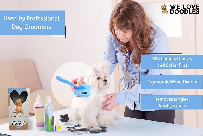 We Love Doodles Whitening Dog Shampoo & Slicker Brush - Made in USA, Brightening Dogs Fur, Removes Stains & Discoloration, for Grooming Pet Hair, Long Pin Brush for Dematting