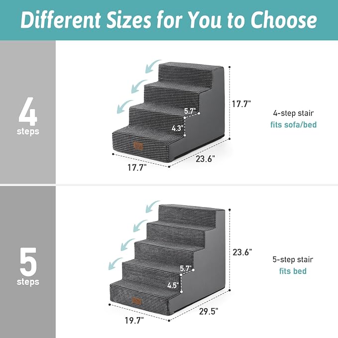 COZY KISS Dog Stairs for Small Dogs, 17.7" Extra Wide Right-Angle Pet Stairs for Couch and Beds, Anti-Slip Dog Steps for Old Cats and Lowrider, 17.7x23.6x17.7 inch, Dark Grey