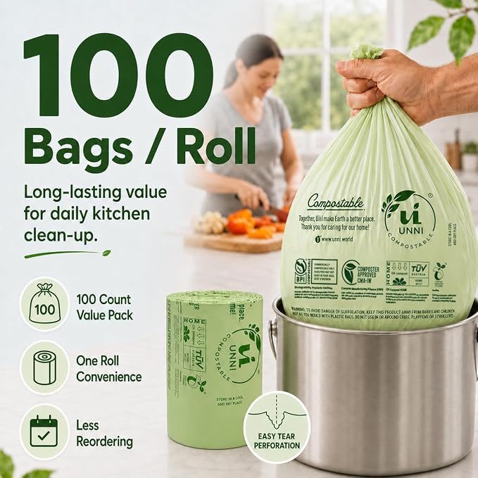 UNNI Compostable Trash Bags, 2.6 Gallon / 9.84 Liter, 600 Count Value Pack, Extra Thick 0.71 Mil Compost Bin Liners for Kitchen Food Scrap, Certified by BPI, CMA & OK compost HOME, Meets ASTM D6400