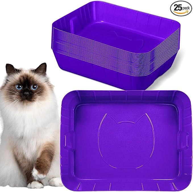 Bokon 25 Count Disposable Litter Box for Cat, Large Disposable Litter Tray for Travel Home Durable Portable Plastic Kitty Litters Boxes Leak-Resistant Easy-Grip Rim, 15.7 x 11.8 x 3 Inches(Purple)