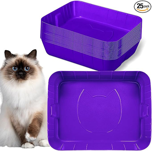 Bokon 25 Count Disposable Litter Box for Cat, Large Disposable Litter Tray for Travel Home Durable Portable Plastic Kitty Litters Boxes Leak-Resistant Easy-Grip Rim, 15.7 x 11.8 x 3 Inches(Purple)