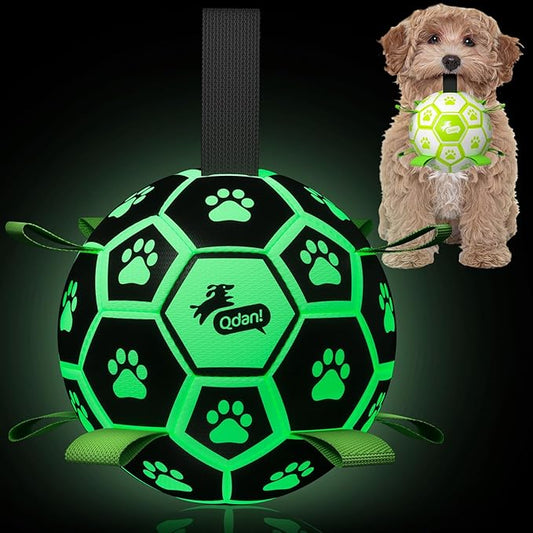 QDAN Premium Glow in The Dark Dog Toys, Dog Ball with Straps, Soccer Ball for Dogs, Outdoor Dog Toys, Pet Birthday Toys, Puppy Essentials for Small to Medium (6Inch)