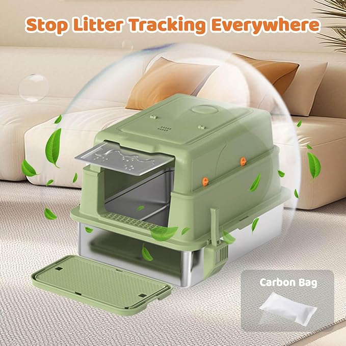 Homegroove XXXL Stainless Steel Litter Box with Lid, 28''x20''x18'' Extra Large Cat Litter Box with Litter Scoop & Pedal, Enclosed Metal Cat Litter Pan for Large & Multi-Cats, Anti-Leakage (Green)