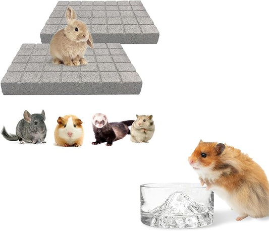 BNOSDM Rabbit Grinding Claw Pads Natural Hamster Lava Stone and Transparent Hamster Food and Water Bowl Mountain Fuji Style Glass for Hamsters Gerbils Mice Rats or Other Similar-Sized Pets