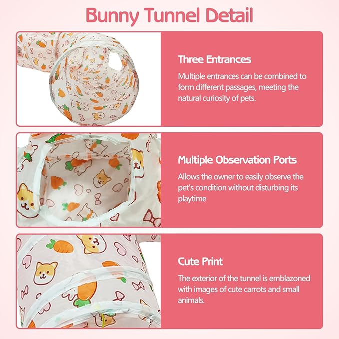 PINVNBY Large Rabbit Tunnel，Collapsible Rabbit Tunnels for Indoor Bunnies Bunny Hideout with 5 Types of Chewing Toys for Ferret Kitten Small Animals (T Shape)
