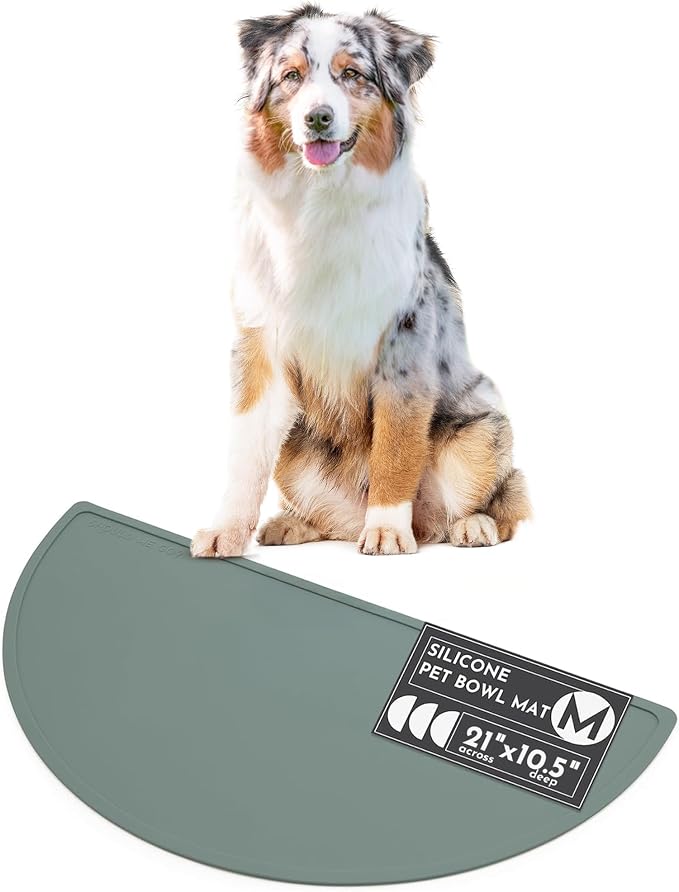 Should We Go? Waterproof Silicone Dog Food Mat – Medium Size Non-Slip Pet Bowl Mat, Raised Edge Design, Easy-to-Clean Pet Food Placemat for Dog & Cat Bowls, 21" Across x 10.5" Deep - Spruce