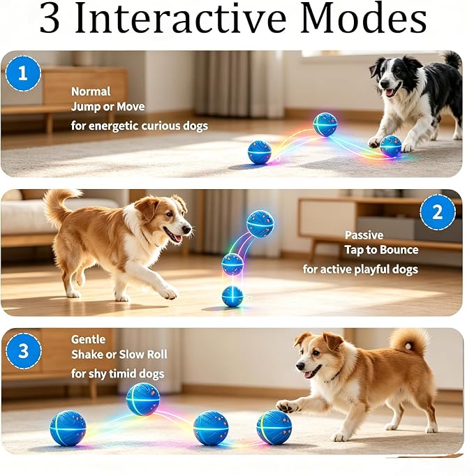 Smart Interactive Dog Toys, 3 Play Modes Smart Moving Bouncing Dogs Ball, E-TPU Moving Dog Toy Ball with RGB Lights, USB Rechargeable, Waterproof Dog Ball, Automatic Dog Toy for Medium & Large Dogs