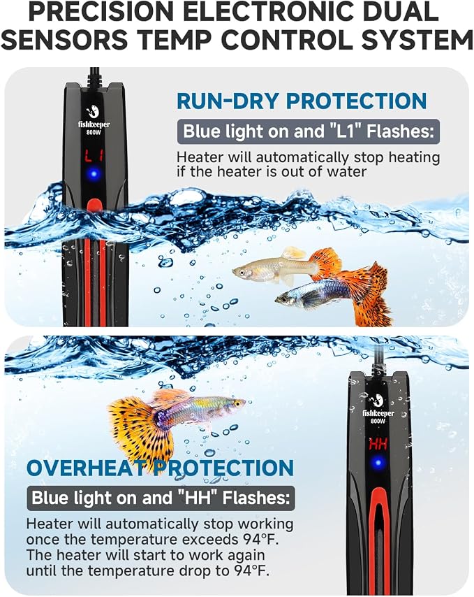 fishkeeper 800W Adjustable Submersible Aquarium Heater - PID Electronic Smart Thermostat Fish Tank Heater with Out-of-Water/Run-Dry/Overheat/Low-Temp Safrty Protection for 40-220 Gallon Fish Tanks