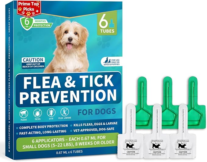 Flea and Tick Prevention for Small Dogs, 6-Month Supply Dog Flea and Tick Treatment Drops, Topical Fast-Acting Dog Flea Treatment for Small Dogs Up to 5 to 22 lbs