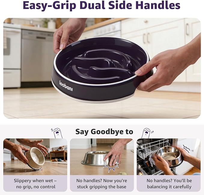 LOOBANI Slow Feeder Dog Bowls - 3.5 Cups Ceramic Slow Feeder Dog Bowls for Large Dogs, Slow Feeding Easy-Grip Handles, Perfect for Fast Eaters Goldens, Labradors & Huskies (L, Purple)