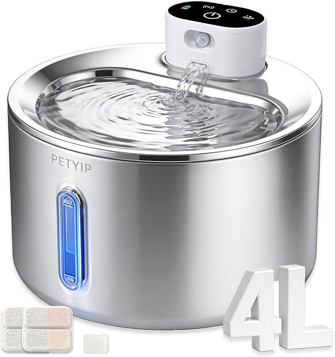 Cat Water Fountain Stainless Steel,135 Fl Oz/4L Wireless Automatic Cat Water Dispenser Large,5000mAh Battery Operated,for Cats & Dogs Indoor (Cat Fountain + 2 Set Filter)
