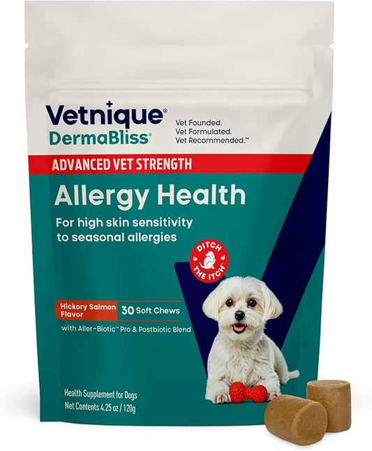 Vetnique Dermabliss Dog Allergy Chews Advanced Strength for Itch & Skin Relief, Anti-Itch Supplement with Aller-Biotic Pro, Quercetin, Wellmune & Omega 3 (30ct, Advanced Strength Chews)