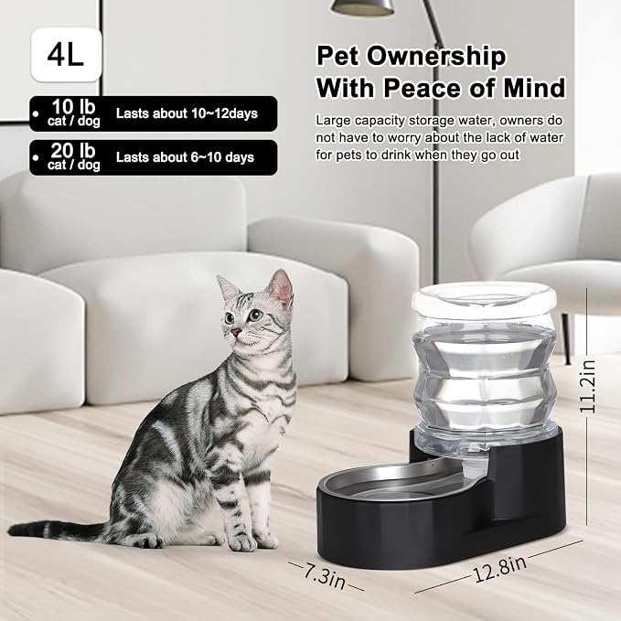 RIZZARI 4L Filter-Free Black Gravity Pet Water Dispenser for Cats and Small Dogs, Spill-Resistant Stainless Steel Water Bowl for Modern Apartments, Gaming Rooms, and Low-Mess Indoor Spaces