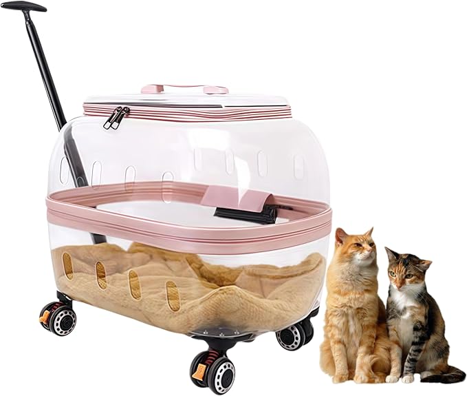 Compact Pets Carrier with Wheels 360° Castors Pet Suitcase Fits up to 48 lbs Cats or Small Dogs, External Single Pole Handle, Portable and Breathable for Trips (Pink)