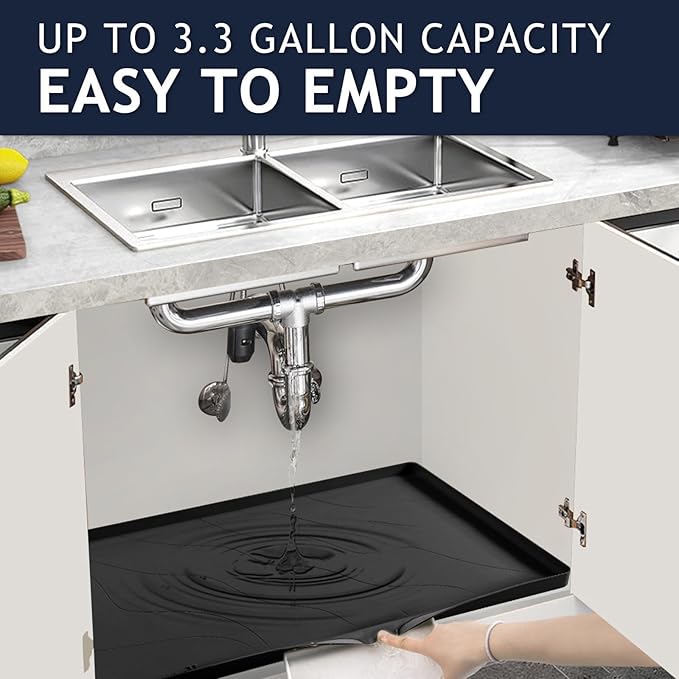 Heavy Duty Silicone Under Sink Mats for Kitchen Waterproof 37" x 22", Extra Thick Under Sink Rubber Mat Drip Tray, Raised Edge Under Sink Liner,Prevent Drips, Leaks, Spills,Black