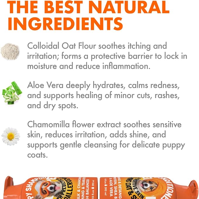 Puppy Shampoo and Conditioner Set Hypoallergenic, Tearless, pH Balanced Dog Shampoo for Puppies Oat Milk, Chamomile & Prebiotics Puppy Shampoo for Sensitive Skin Sulfate Free, Paraben Free 2×10 fl oz