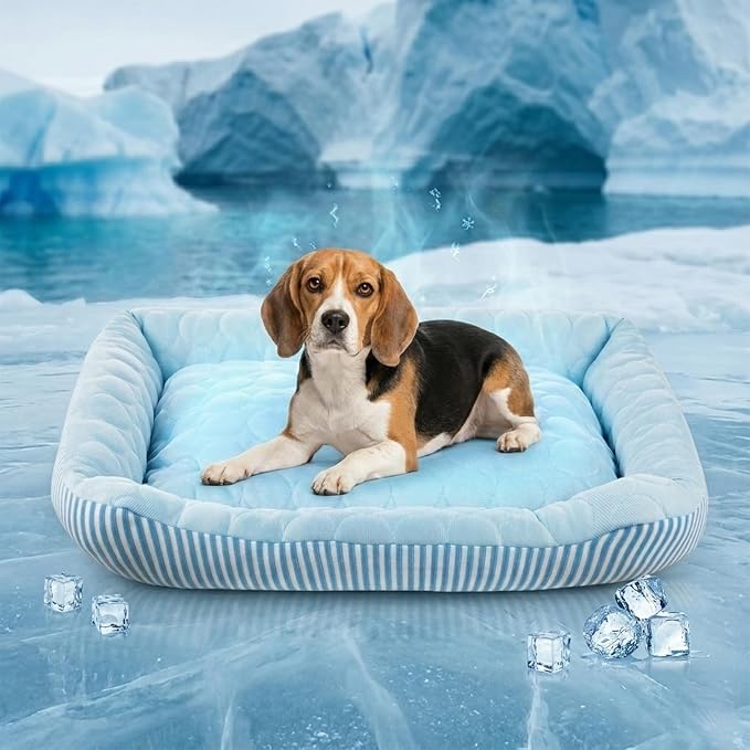Cooling Dog Bed for Large Medium Small Dogs, Breathable Dog Cooling Mat with Self Cooling Ice Silk Fabric, Washable Summer Pet Bed for Indoor Outdoor, Blue Medium