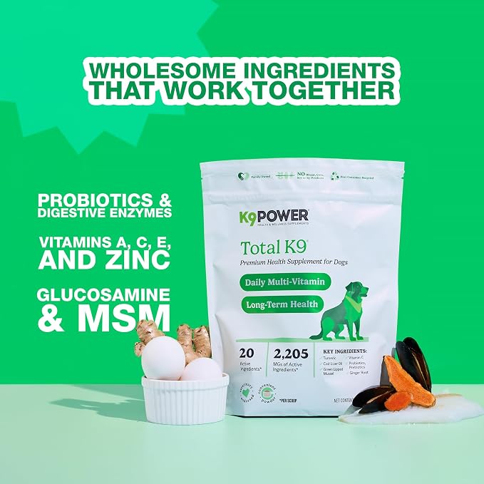 K9Power Total K9 – 11-in-1 Dog Multivitamin Powder – Daily Whole-Body Support for Digestion, Skin, Joints, Heart, Brain, Immunity & Energy – Turmeric, Ginger, Probiotics, Antioxidants, Omegas