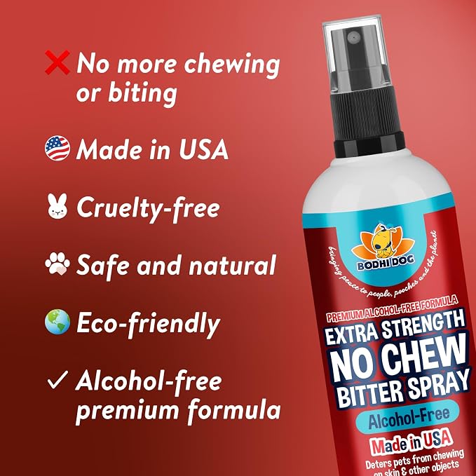 Bodhi Dog Bitter 2-in-1 No Chew & Hot Spot Spray (Alcohol Free) - Natural Anti-Chew Remedy Better Than Bitter Apple - Soothes Hot Spots, Deters Chewing - Safe for Skin, Wounds & Furniture (8 Fl Oz)