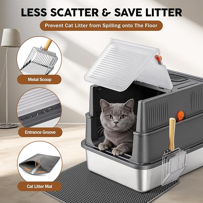 Stainless Steel Litter Box with Lid: Enclosed Cat Litter Box for Small Cats & Kitten, Metal Kitty Litter Pan with High Sided Enclosure, Include Scoop & Mat, Odor Control, Anti-Leakage