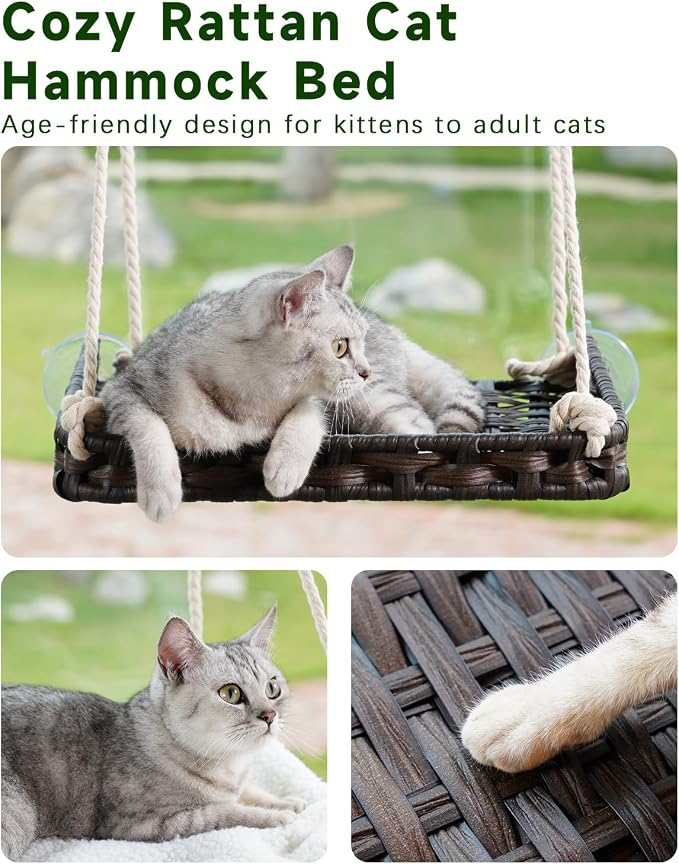 SETVSON Cat Window Perch, Cat Window Hammock Bed for Indoor Cats, Large Handwoven PE Rattan Window Seat, 4 Suction Cups, Double Sided Washable Cushion Bed, 2.3 Inch Fence Shelf, for Pet Kittens Brown