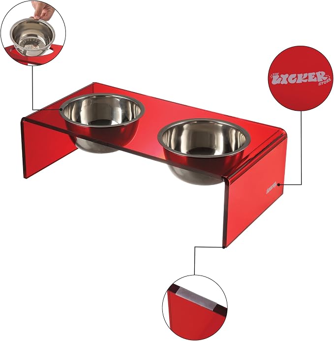 DBL2000H Keaton 5" Small/Medium Modern Acrylic Rectangular Elevated Pet Feeder with 20oz 2-Stainless Steel Bowls, Red/Chrome