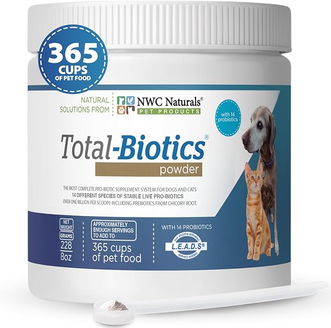 NWC Naturals Total-Biotics, Cat & Dog Probiotics for Digestive Health with Prebiotic, Unflavored Probiotic for Dogs & Cats, Supplement for Gut, Skin, Coat, Upset Stomach Relief, 365 Servings, 8 Ounces