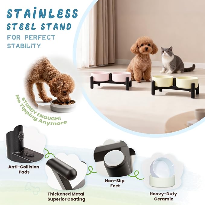 Elevated Ceramic Dog Bowl Set - Cute Double Dishes with Stainless Steel Stand – Raised Feeding Bowls for Cats and Small Dogs - Food & Water Set - 5" / 1.4 Cups (140 g / 260 ml) - Yellow