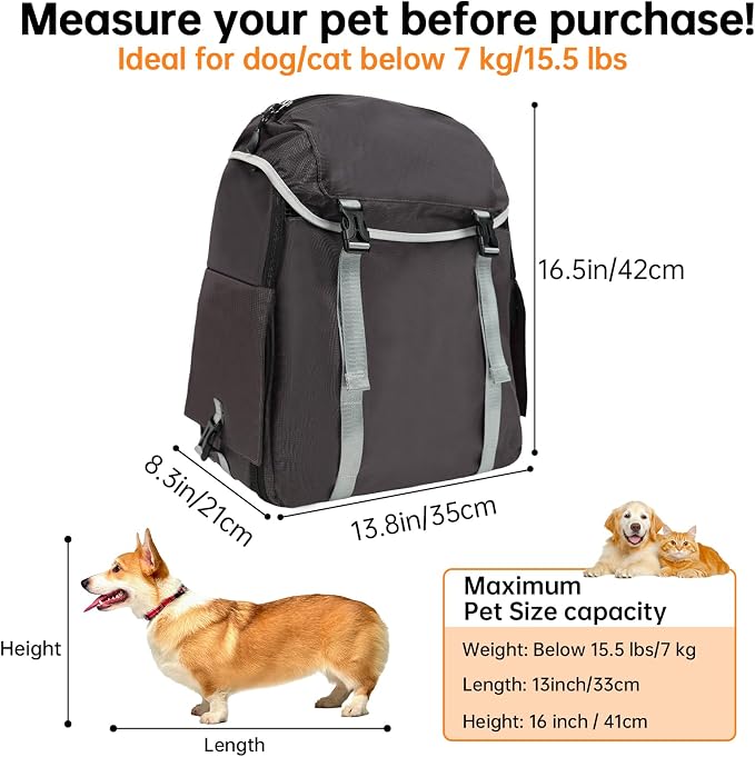 Cat Dog Backpack Carrier for Hiking Travel Portable Pet Daypack for Dog Cat Below 7kg/15.5 lbs -Gray