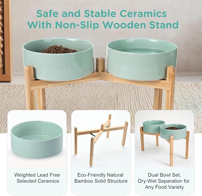 SPUNKYJUNKY Elevated Dog Bowls Ceramic, 8.3'' Dogs Food Water Bowls Raised with Non-Slip Bamboo Stand for Large Sized Breed Microwave Dishwasher Safe - 60 OZ,Light Green