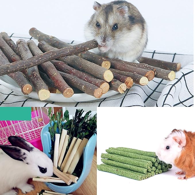 Hamiledyi Rabbit Grass Bed for Bunny, 21 Pcs Rabbit Chew Toys for Teeth Grinding Sweet Bamboo Timothy Stick Woven Grass Ball Pine Cone Natural Straw Bedding for Guinea Pig Hamster Chinchilla