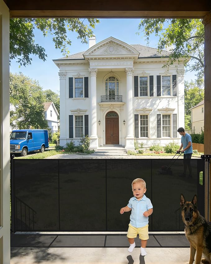 80" Wide Retractable Baby Gate for Stairs, 42" Extra Tall Retractable Dog Pet Gate with Support Rods, Mesh Screen Child Safety Gate for Doorways Hallways Deck Porch, Outdoor Indoor Use
