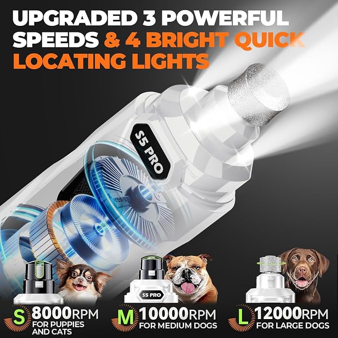 Whisper Quiet Dog Nail Grinder with 4 LED Lights, Safe & Stress-Free for Sensitive Dogs of All Breeds & Sizes, 3 Grinding Bits, 3-Speed, Pet Nail Trimmers, Rechargeable Painless Grooming Kit White