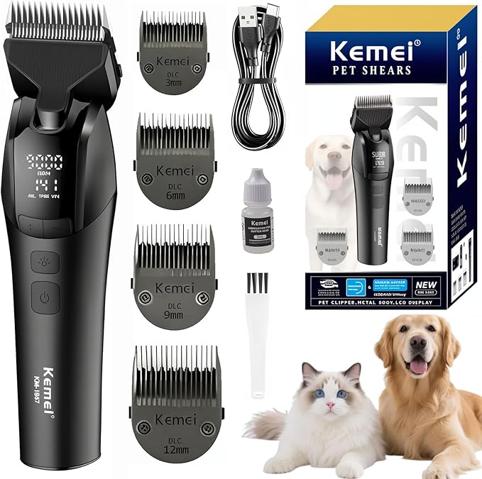 KEMEI-1857 Dog Grooming Clippers & Cat Grooming Kit, Professional Cordless Trimmer with LED Display, 4 Adjustable Guide Combs (3/6/9/12mm), USB Rechargeable, Low Noise for Home Pet Grooming