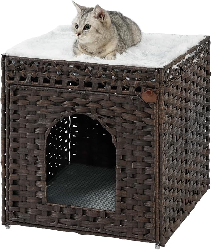 SETVSON Cat Litter Box Enclosure Furniture with One Cat Bed Pad, Rattan Hidden Litter Box Handwoven Cat House with Two S-Shaped Hooks for Living Room, Bedroom, 18.5 x 20.5 x 19.1 Inch,Brown