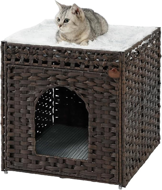 SETVSON Cat Litter Box Enclosure Furniture with One Cat Bed Pad, Rattan Hidden Litter Box Handwoven Cat House with Two S-Shaped Hooks for Living Room, Bedroom, 18.5 x 20.5 x 19.1 Inch,Brown