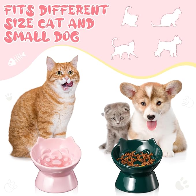 Funnymoom 2 Pcs Ceramic Raised Slow Feeder Cat Bowl, 5.91inch Elevated Cat Slow Feeder Bowl Tilted Anti Vomiting for Dry Wet Food and Water Easy to Clean High Edge(Dark Green, Pink)