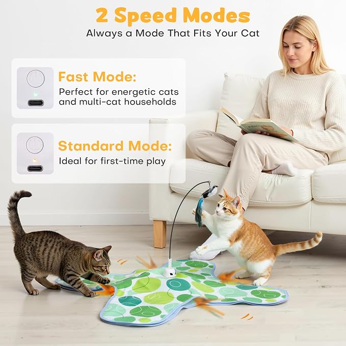 Interactive Cat Toys with Bird, Hide and Seek Cat Toy, 2 in 1 Automatic Moving Concealed Feathers for Indoor Cats, Non-Slip Suction, Touch Activated, USB Rechargeable, Green