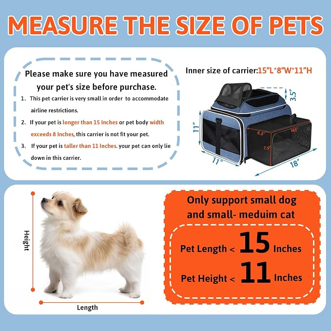 Petskd Top and Side Expandable Pet Carrier with Wheels 18x11x11 Inches Delta United Airline Approved, Soft-Sided Carrier for Small Cats and Dogs with Locking Safety Zippers and Anti-Scratch Mesh(Blue)