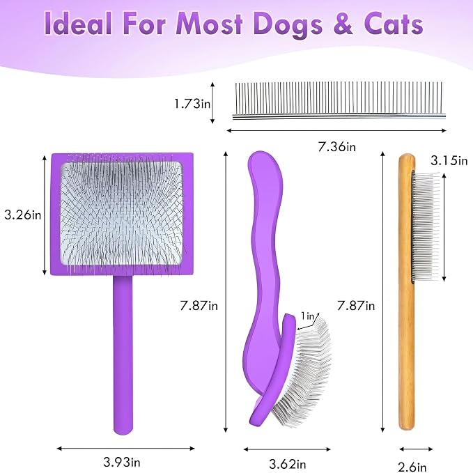 Large Slicker Brush for Dogs - 3-Piece Solid Wood Dog Grooming Kit for Doodles and Poodles - for Wavy, Curly & Matted Hair, Purple