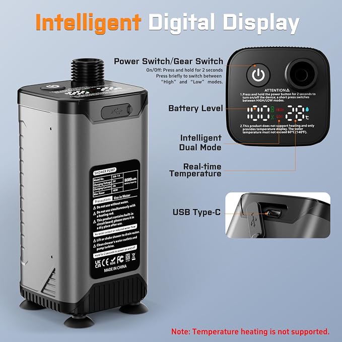 Portable Shower for Camping, 8000mAh Rechargeable Camping Shower Pump with Filtered Showerhead, LED Display, IPX8 Waterproof Outdoor Camp Shower for Hiking, Travel, Car, Pet Bath