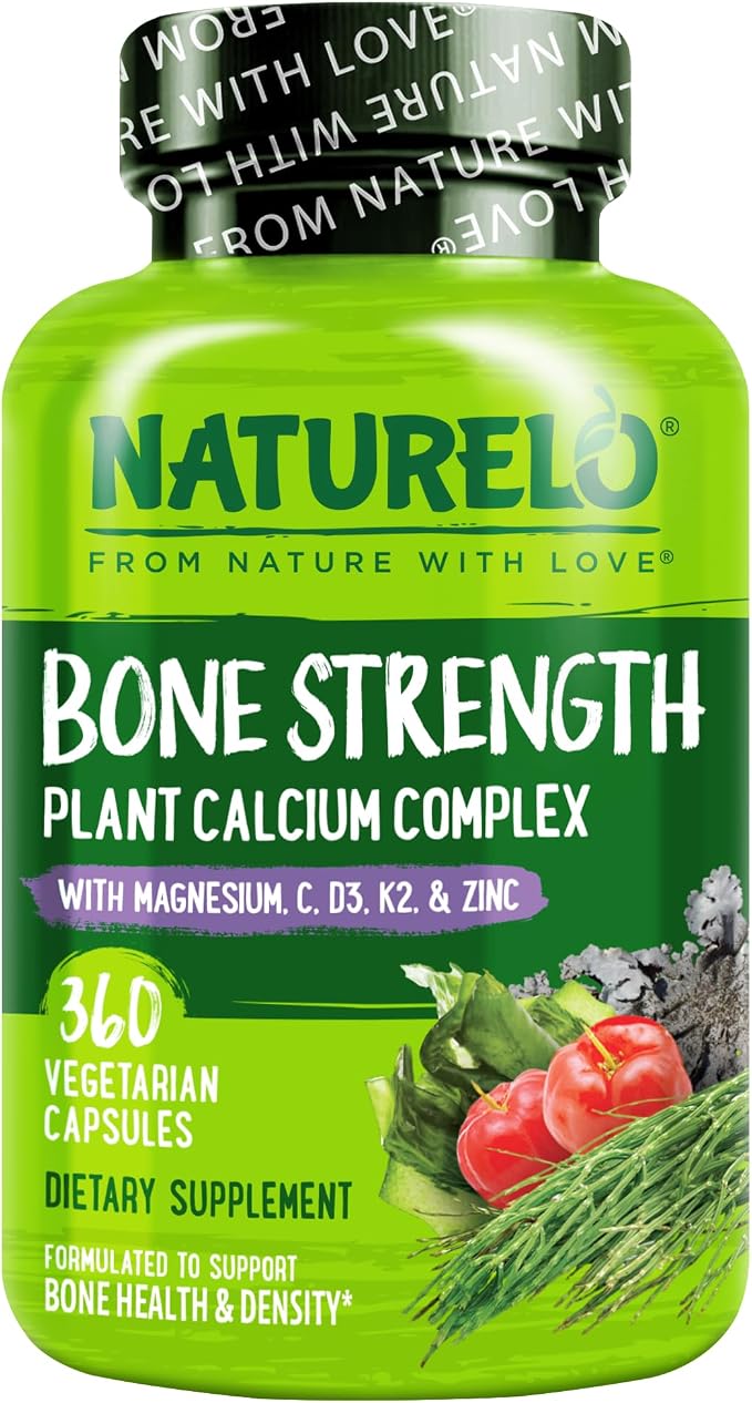 NATURELO Calcium Supplement - with Vitamin C, Vitamin D3, K2, and Calcium Magnesium Zinc for Bone Strength with Calcium 600mg - Plant-Based, 360 Vegetarian Capsules, Non-GMO, Soy & Gluten-Free