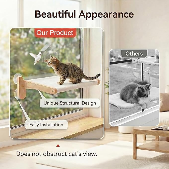Cat Window Perch with Bird Feeder – Foldable Hammock, Strong Suction Cups for Indoor Cats(Nature)