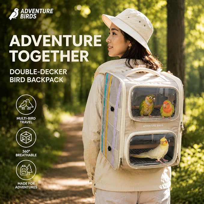 Bird Backpack Carrier for Parrots, Double Layer Bird Travel Cage with Removable Mesh Tray & Perch, Portable Ventilated for Multiple Small Birds Parakeet Cockatiel Conure